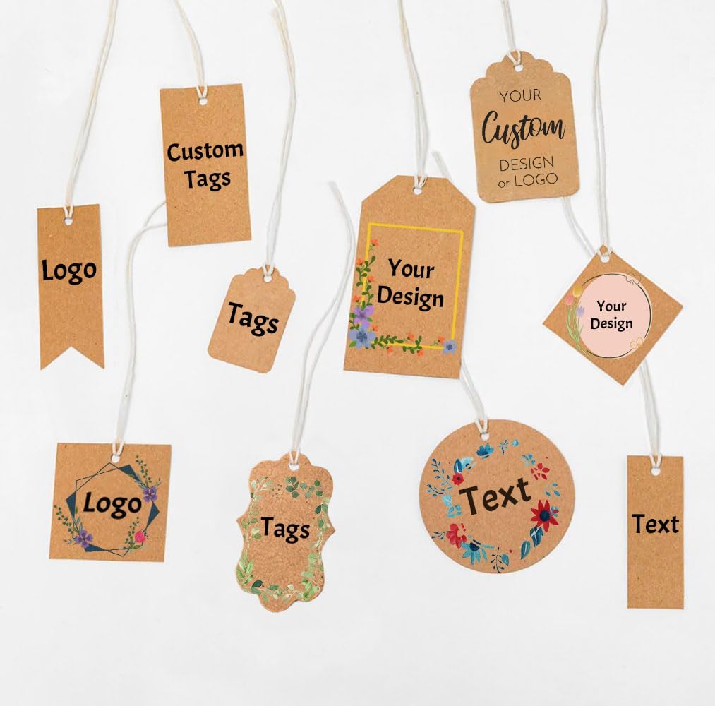 100-500pcs Custom Hang Tags, Personalized Kraft Paper with Your Business Logo for Party Decorations, Gift Tags, Wedding Favors, Jewelry Tags (500, Multisize)