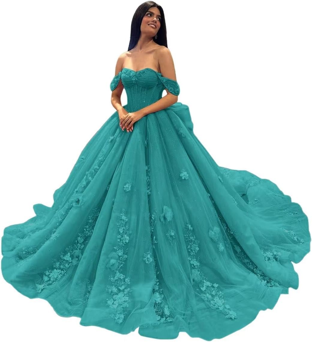 Fuomomo Women's Turquoise Off Shoulder Quinceanera Dresses Ball Gowns For 15 16 Year Old Quinceanera Evening Gowns With Lace Appliques Mt033