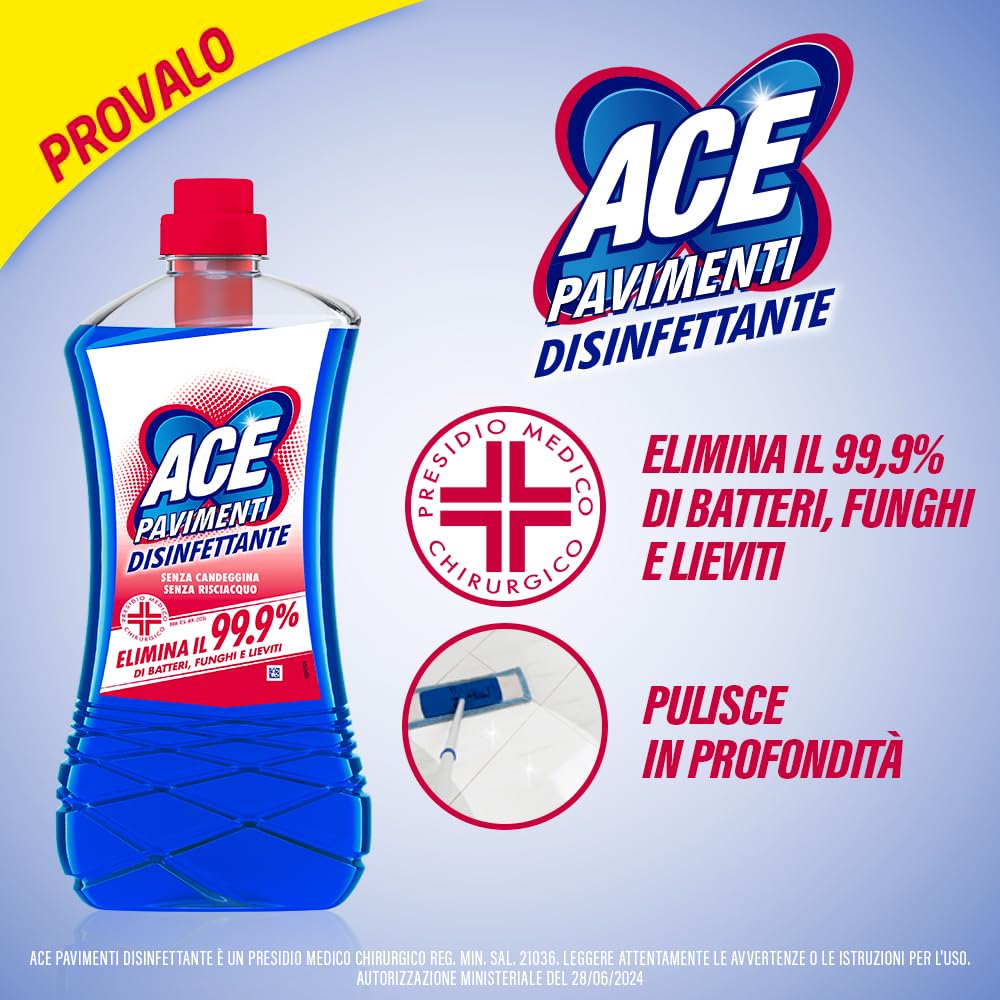 ACE Pavimenti Disinfettante, 8 Flaconi da 1 Litro