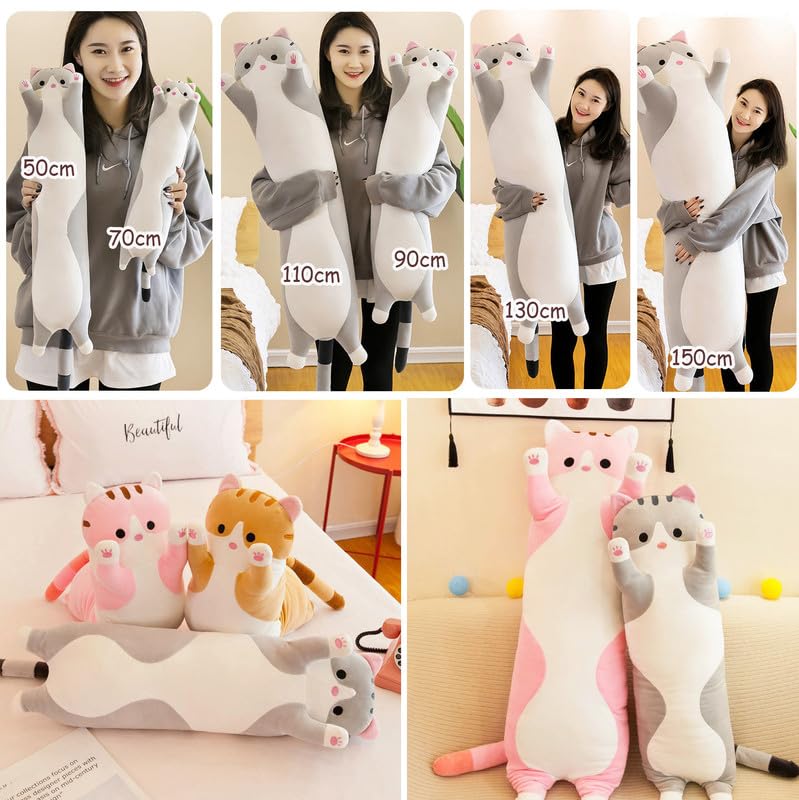 Lange Kat Knuffel Kussen - Zachte & Knuffelige Kat Knuffel Kussens - Grote Kat-Thema Lichaamskussens, Perfect Cadeau voor Verjaardagen, Kerstmis en Kinderdag(Grijs,130cm