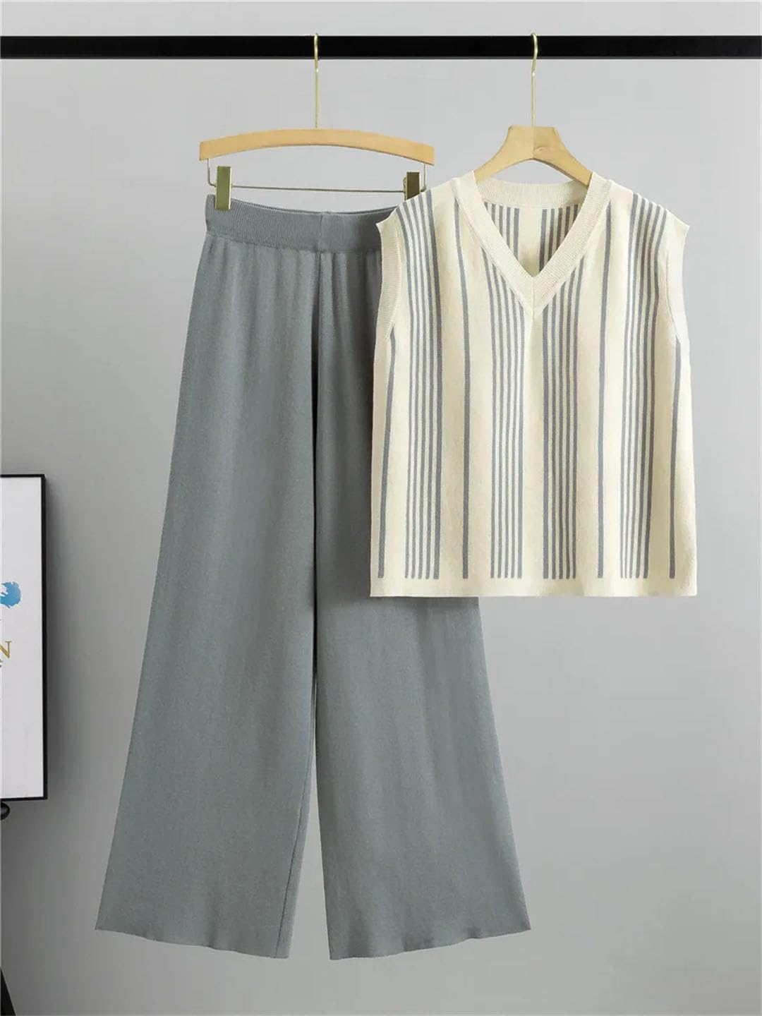 T-shirt da donna senza maniche a righe in maglia con scollo a V in seta di ghiaccio Pullover Tank Tee Suits Streetwear pantaloni a gamba larga abiti
