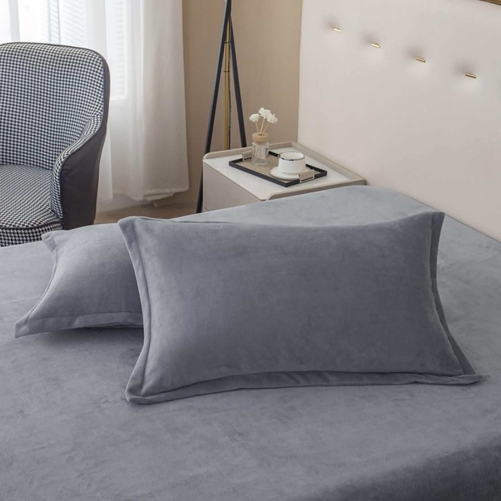 Pack de 3 Piezas Sábanas Encimeras Terciopelo Suave, Color Sólido, 180 x 230 CM + 2 Fundas de Almohada, Sábanas Encimeras Gris