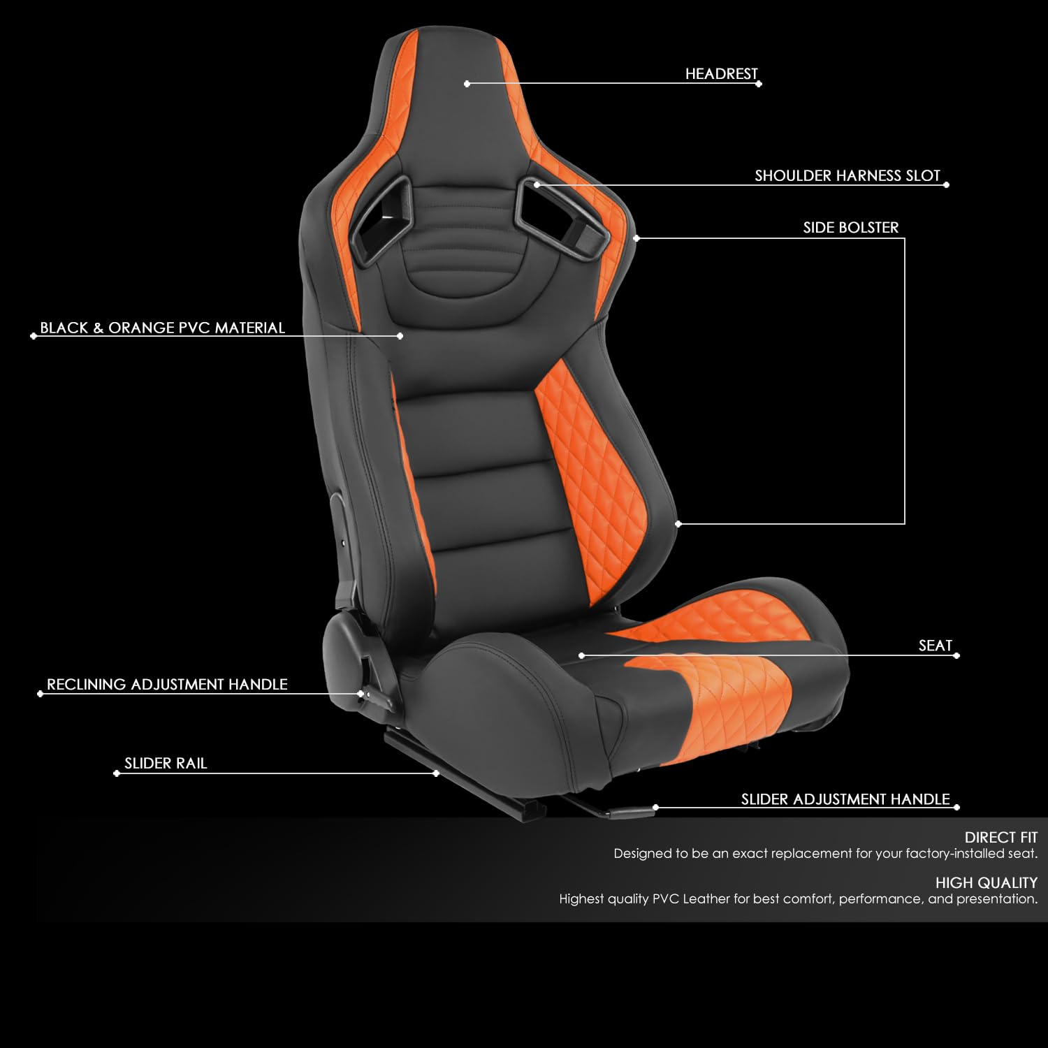 DNA MOTORING Pair of Universal Reclinable Racing Seats with Bottom Mount Sliders, 21