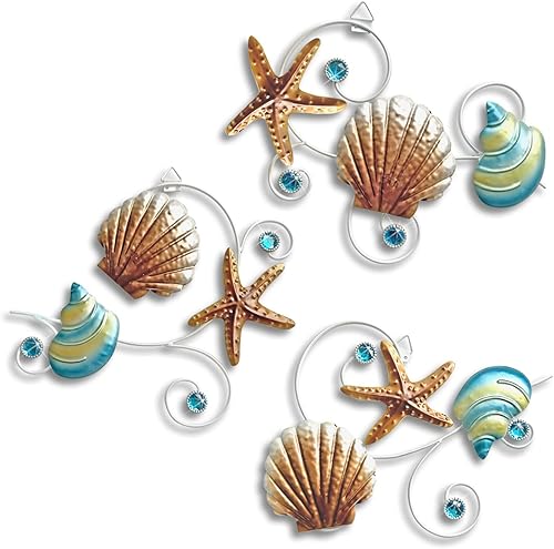 VividLadybug Beach Wall Decor Seashell starfish metal wall decor ocean theme Marine Coast decor suitable for home bathroom coast wall decor Set of 3