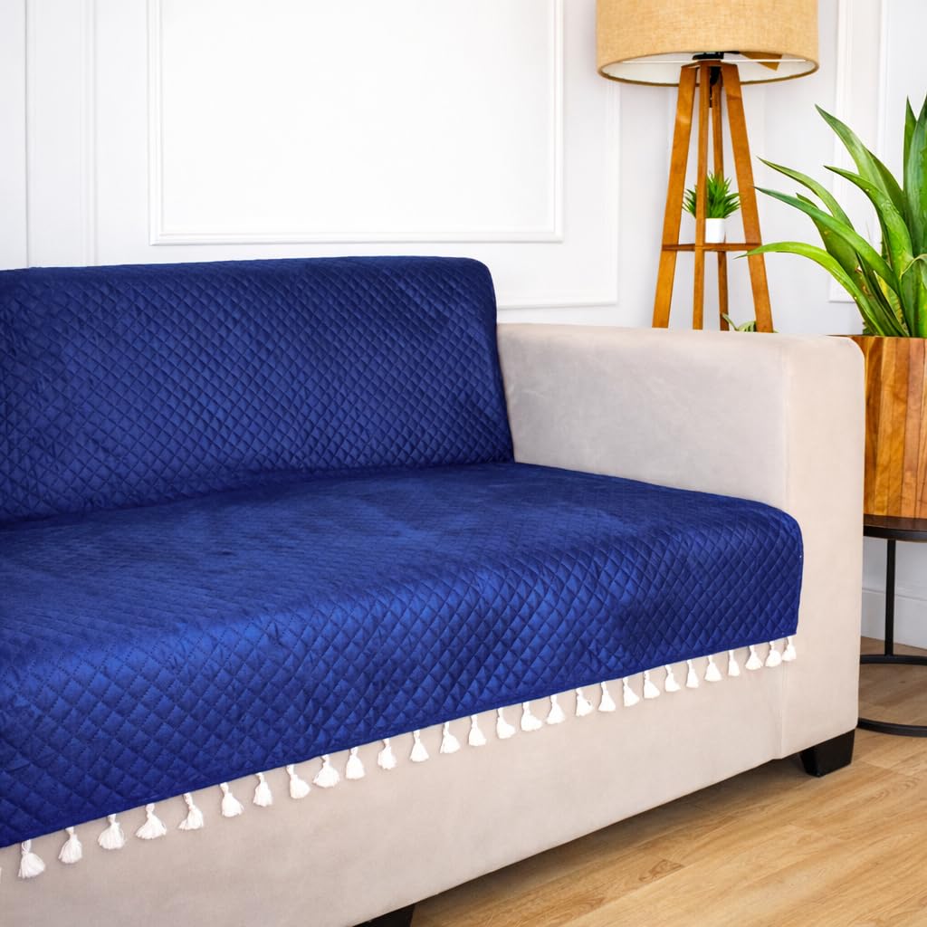 STITCHNEST 'Maison Plush Series' Quilted Velvet Sofa Cover 3+1+1 Seater Fully Covered | Premium Soft Fabric, Washable & Fade Resistant | Blue Sofa Protector with Tassels | 5 Seater
