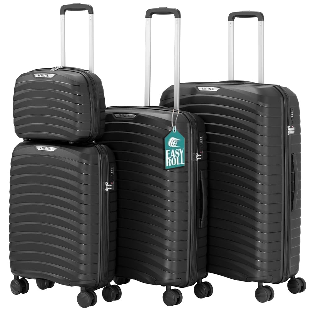 Set 4 Valigie Rigide con Beauty Case in Polipropilene Ultra Resistente agli Urti, Trolley Manico Telescopico e Ruote Easy Roll, Serratura Codice Rinforzata e Design Moderno (Nero)