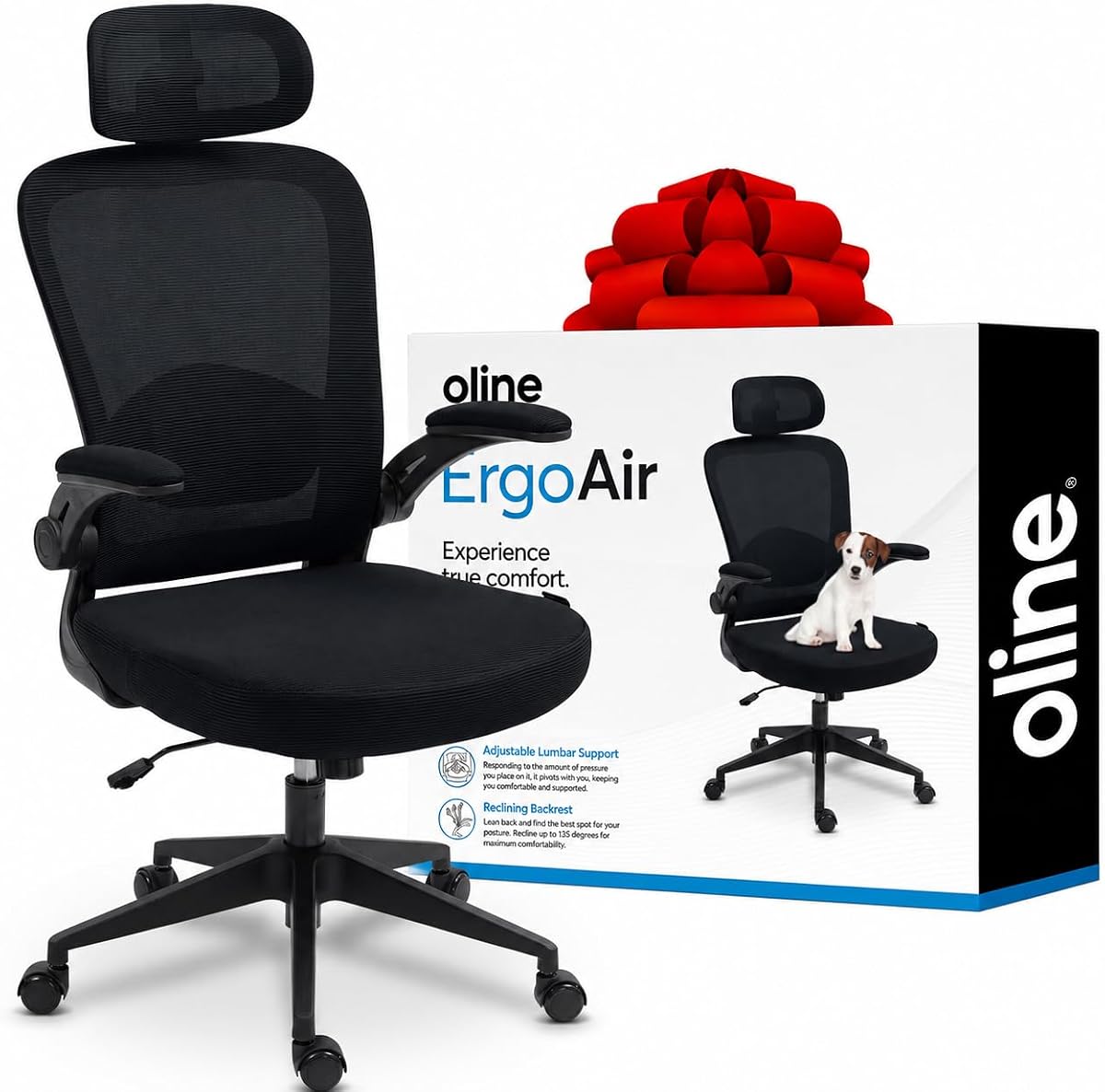 ErgoAir Silla de oficina ergonómica – Soporte lumbar ajustable, reposabrazos abatibles, silla de escritorio de malla para computadora, silla ejecutiva giratoria para juegos para el hogar y la oficina (negro)