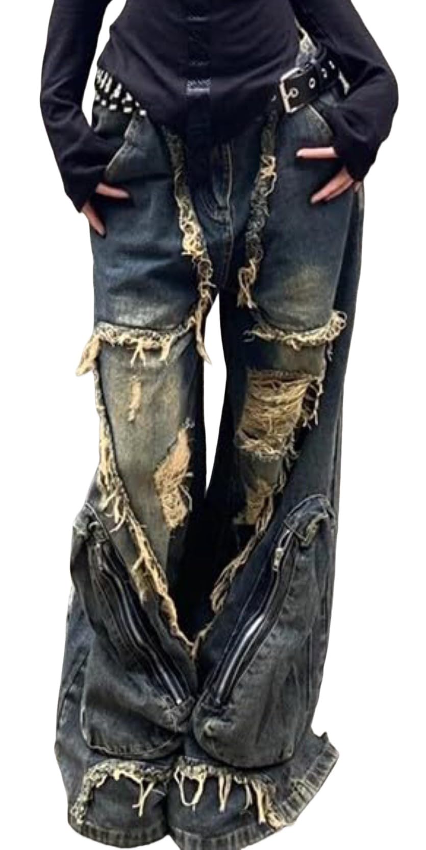 Y2k Retro Niche Baggy deconstruction Tassel Ripped Jeans Men's and Women's Large Pocket Design Sense Work Pants