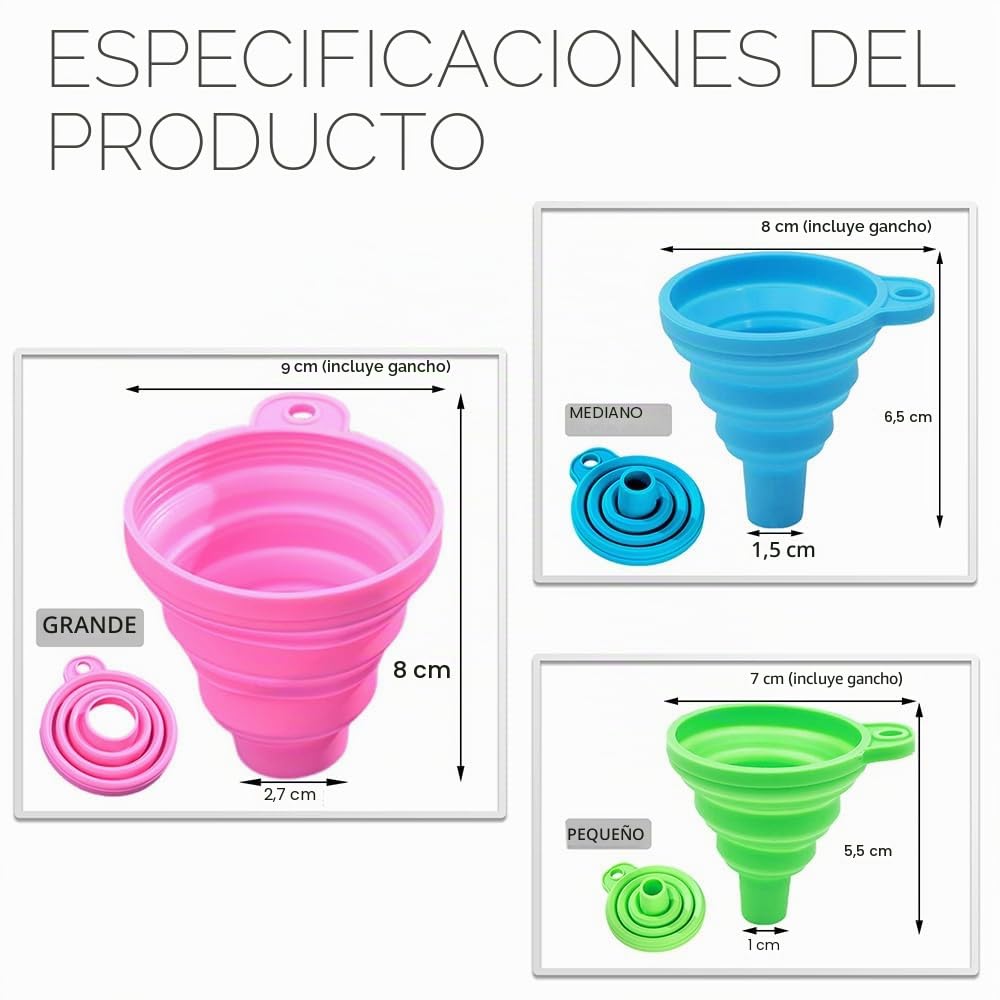 Juego de 3 Embudos Plegables - Embudo Plegable de Silicona Embudo Cocina Gadget Embudos para Cocina para Transferencia de Líquido(Pequeño/Mediano/Grande)