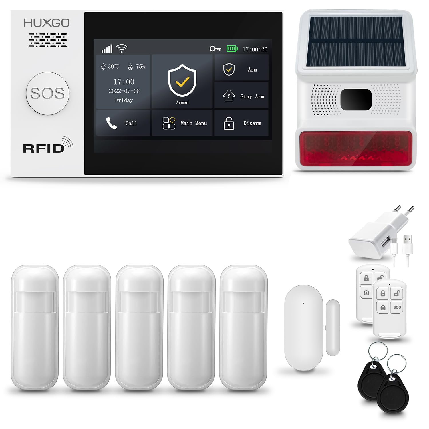 HXA007 Sistema di allarme casa senza fili con Radio Sirena solare WiFi + GSM 4G | Impianto allarme casa kit con 1x sensori di allarme per finestre/portes, 5x rilevatori di movimento