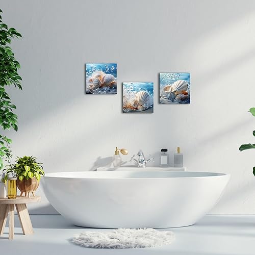 Miniatura 6 de Canvbay 3 piezas de arte de pared de conchas marinas, impresiones en lienzo con temática de playa azul, cuadros de pintura costera, conchas marinas