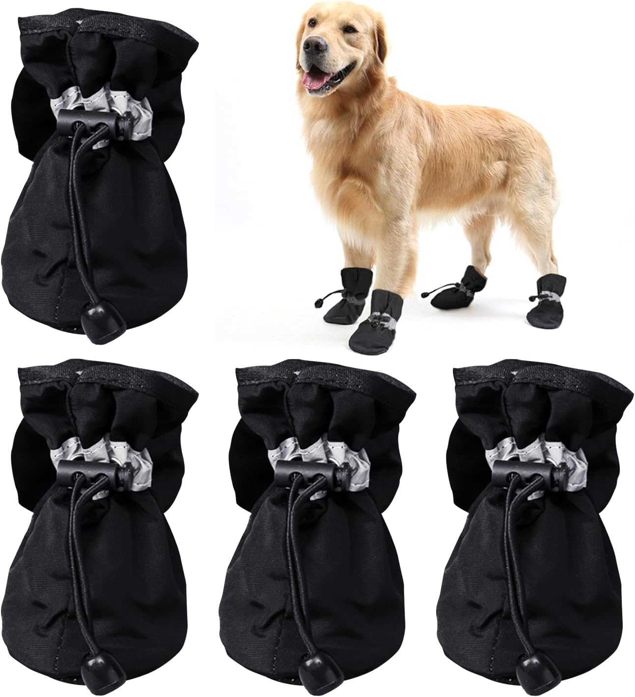 4 PCS Waterproof Shoes for Dogs, Non-slip Pet Shoes, Dog Paw Protectors, Soft Soled Shoes for Pets, Puppy Toddler Shoes, Protective Cover for Injured Paws (Black)