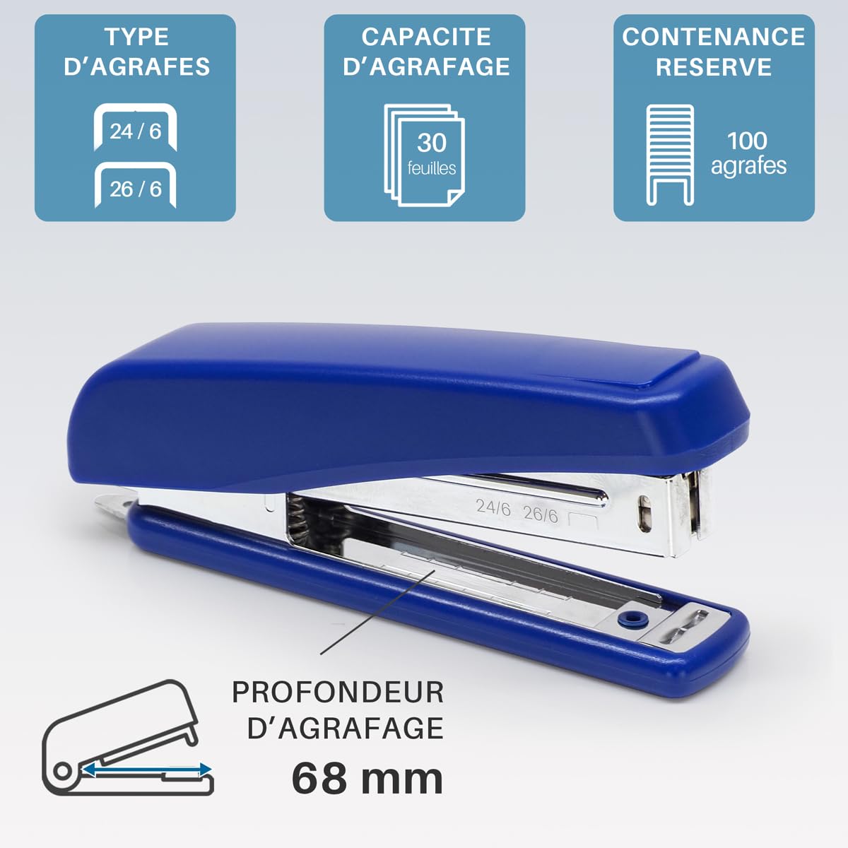 WAYTEX 931547 Office Stapler 30 Sheets, 100% Metal Mechanism, for 24/6 and 26/6 Staples - Black, Unité - Image 2