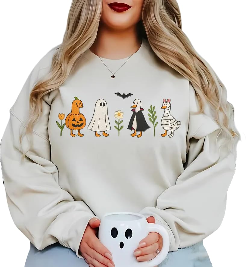 Embroidered Halloween Duck Sweatshirt, Cute Fall Crewneck with Pumpkin, Ghost, Vampire & Mummy Ducks, Cozy Autumn Spooky Season Shirt Multi
