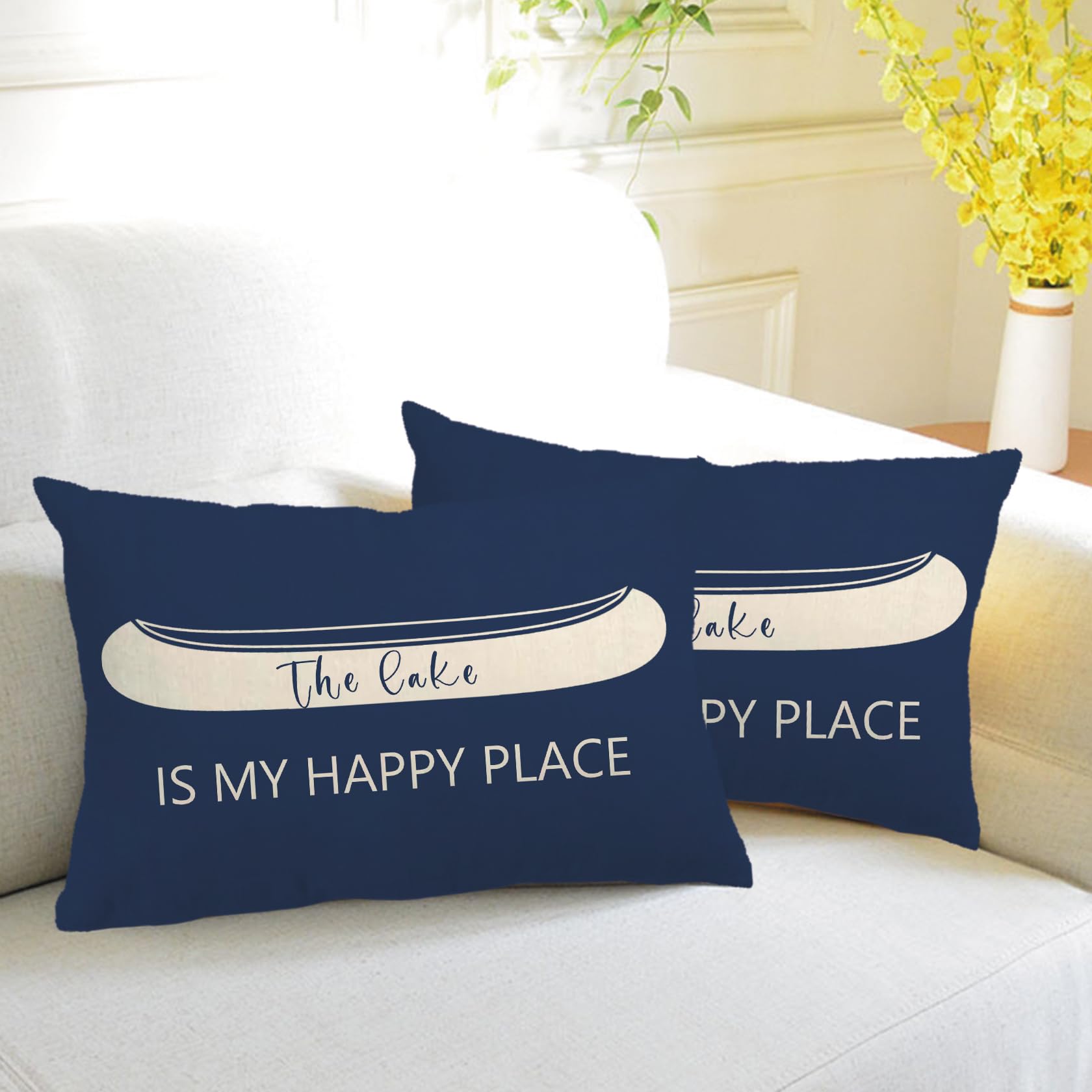 7COLORROOM Beach Theme Lumbar Pillow Covers Double-Sided Printed The Lake is My Happy Place Navy Blue Rive Rectangular/Waist Cushion Cover Summer Farmhouse Home Decor Pillowcases 12”×20”(Blue) 2