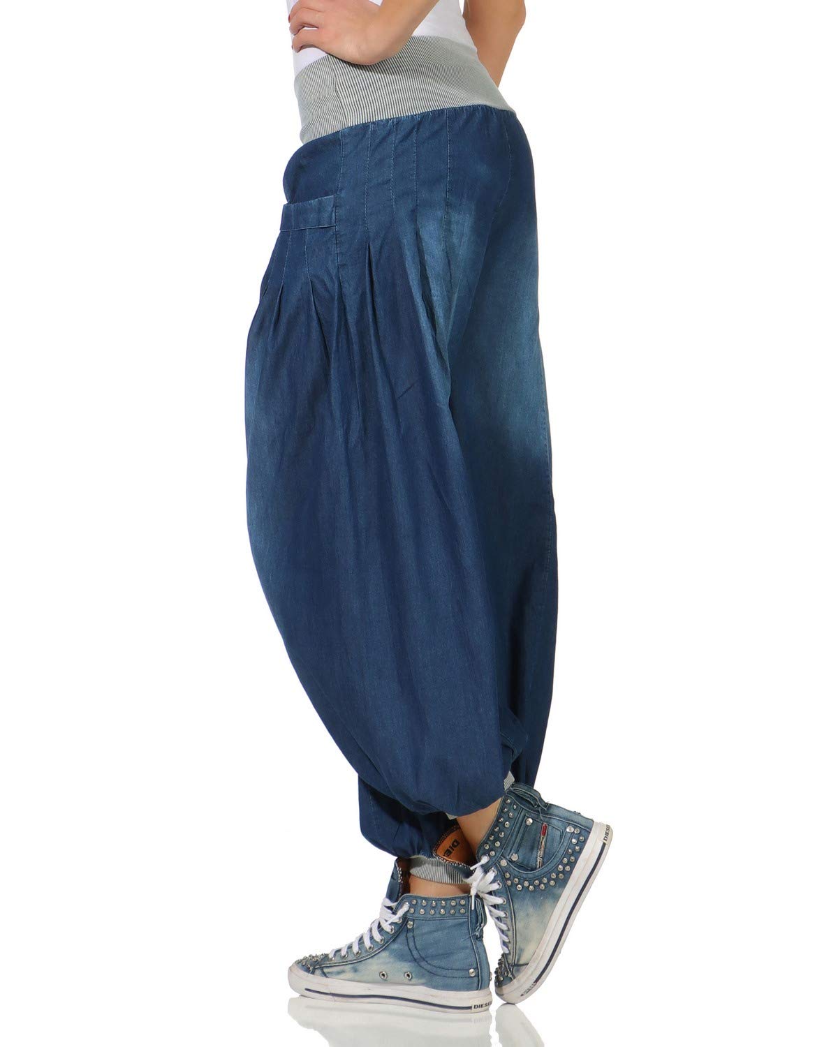 Damen Pumphose im Denim Style Jeans Tanzhose Aladinhose zum Chillen Haremshose