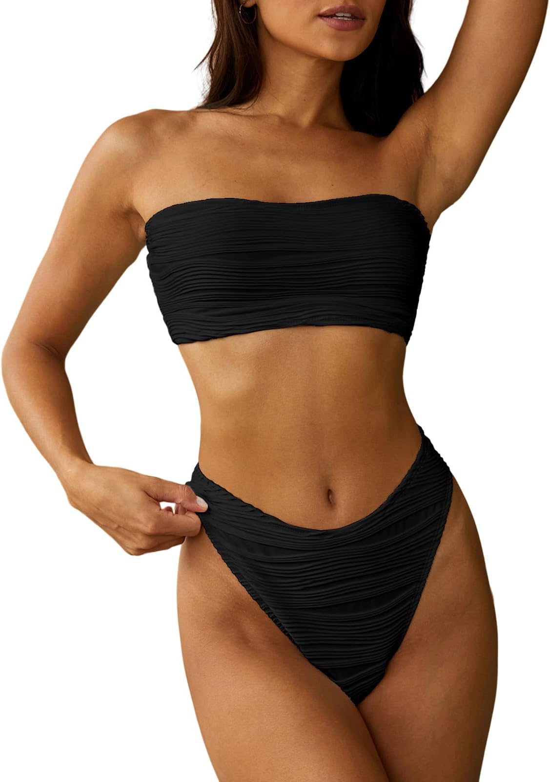 Women Strapless Textured Bandeau Bikini 2 Piece Swimwear Cheeky Solid Lace up Bathing Suits