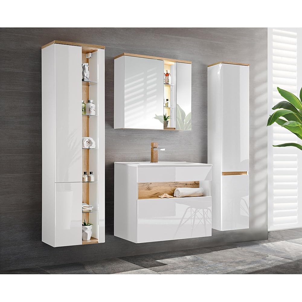 Lomadox Badezimmermöbel Badmöbel Set, 80cm Unterschrank mit Keramik Waschbecken, Hochglanz weiß mit Wotaneiche, 2 Hochschränke und LED-Spiegelschrank
