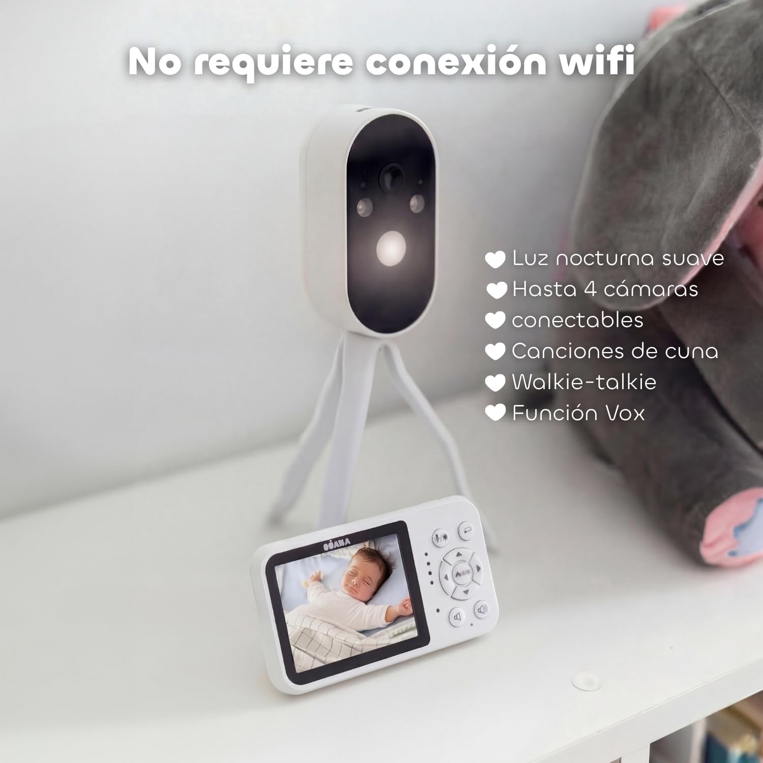 Béaba, Vigilabebés Vídeo Sin WiFi – Cámara con Batería 36h, Pantalla 2,8”, Visión Nocturna, 0 Ondas, VOX, Luz Nocturna, Walkie-Talkie, Soporte Flexible, Vigilabebés Portátil, Zen Travel, Blanco