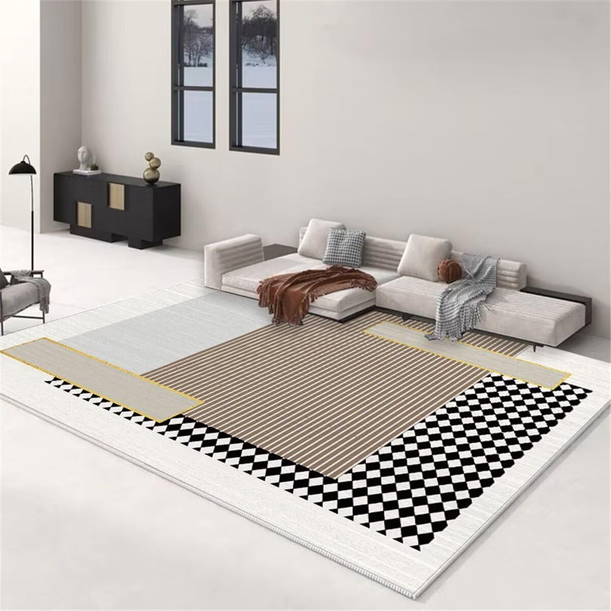 Tapis de salon géométrique noir-gris 80x120cm moderne pour lit et chambre