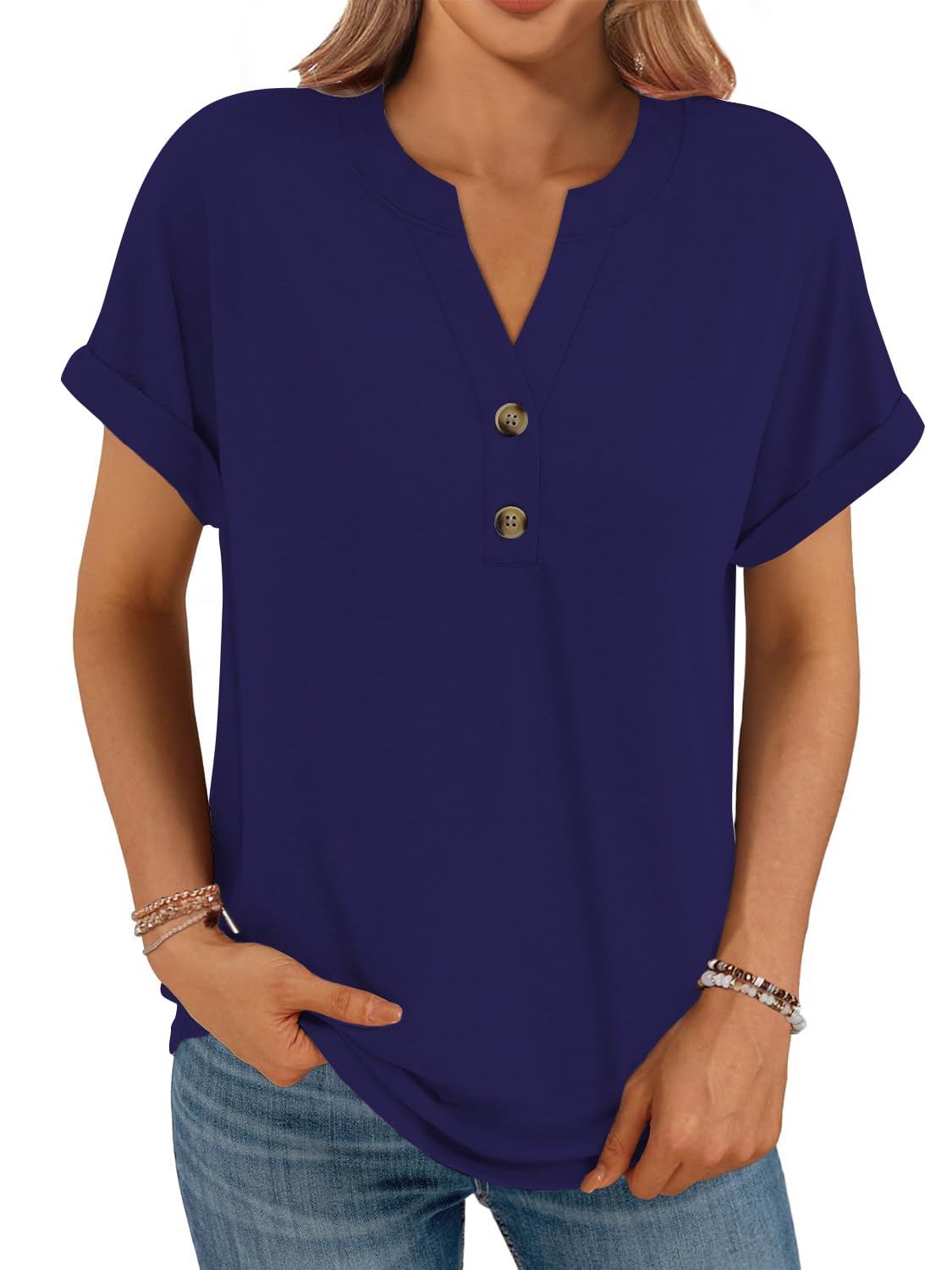 Cuptacc T-shirty Damska V-Wycięcie Oversize Koszula Damska Lato Krótki Rękaw Elegancka Z Listwa Guzikowa Top