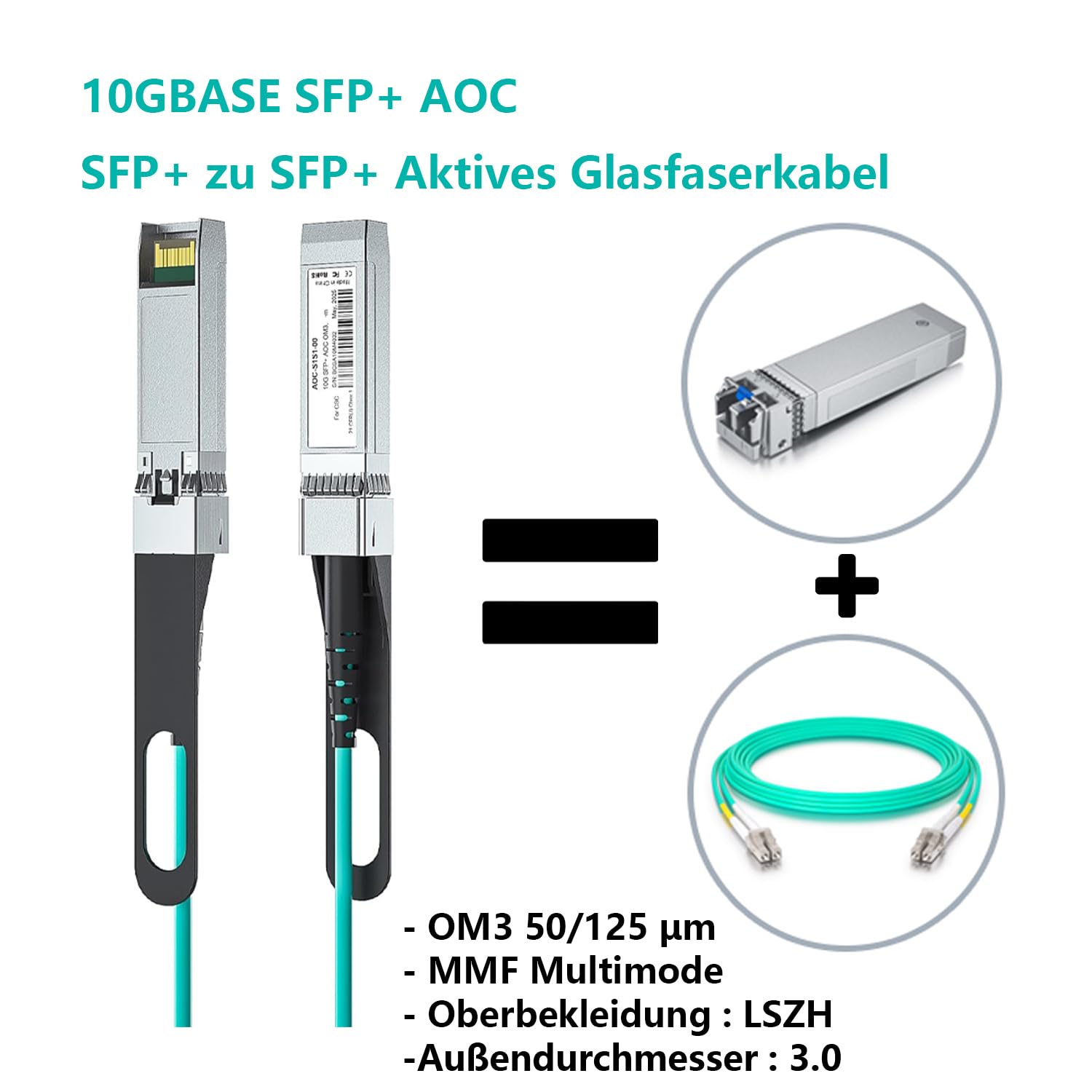 10m 10G SFP+ AOC Kabel, 10GBASE-SR Active Optical Cable, OM3 Multimode Glasfaser, SFP+ zu SFP+, Kompatibel mit Cisco SFP-10G-AOC, Ubiquiti UniFi, Mikrotik, Netgear