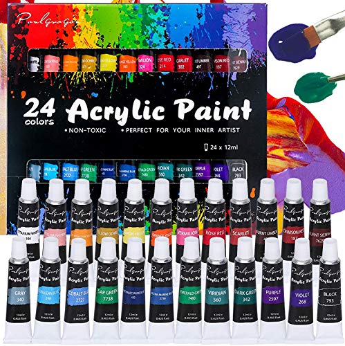 Acrylic Paint Set, Brushes Vivid Paint Set Include 3 Brushes, 24 Rich Pigment Colors for Canvas,Wood,Ceramic. Non Toxic & Vibrant Colors Paint from Kids through Adults-Beginner and Professional Artist