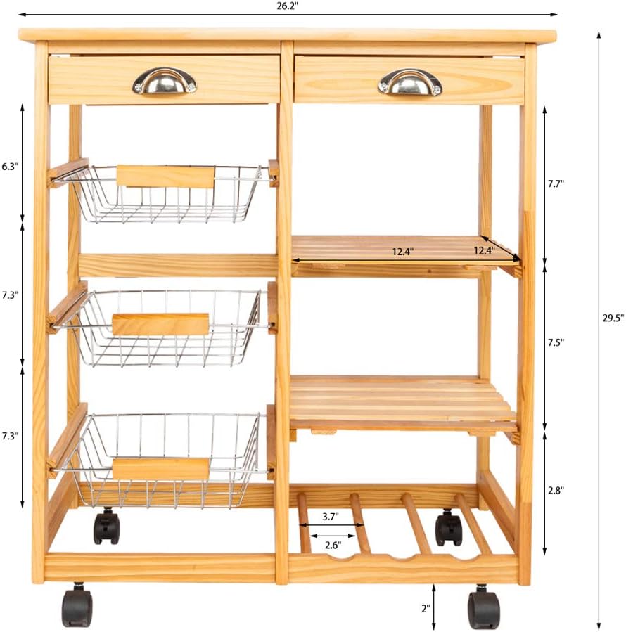 Kitchen Utility Push Rolling Trolley Storage Cart Dining Serving Bar with Lockable Wheels, 2 Drawers, 2 Stainless Steel Basket Shelves and 3 Wine Shelf (US Stock)