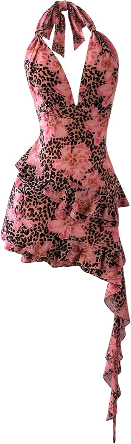 Verdusa Women's Summer Dress Y2k Halter Mini Dress Mesh Backless Dress Floral Ruffle Dress Wedding Guest Dress