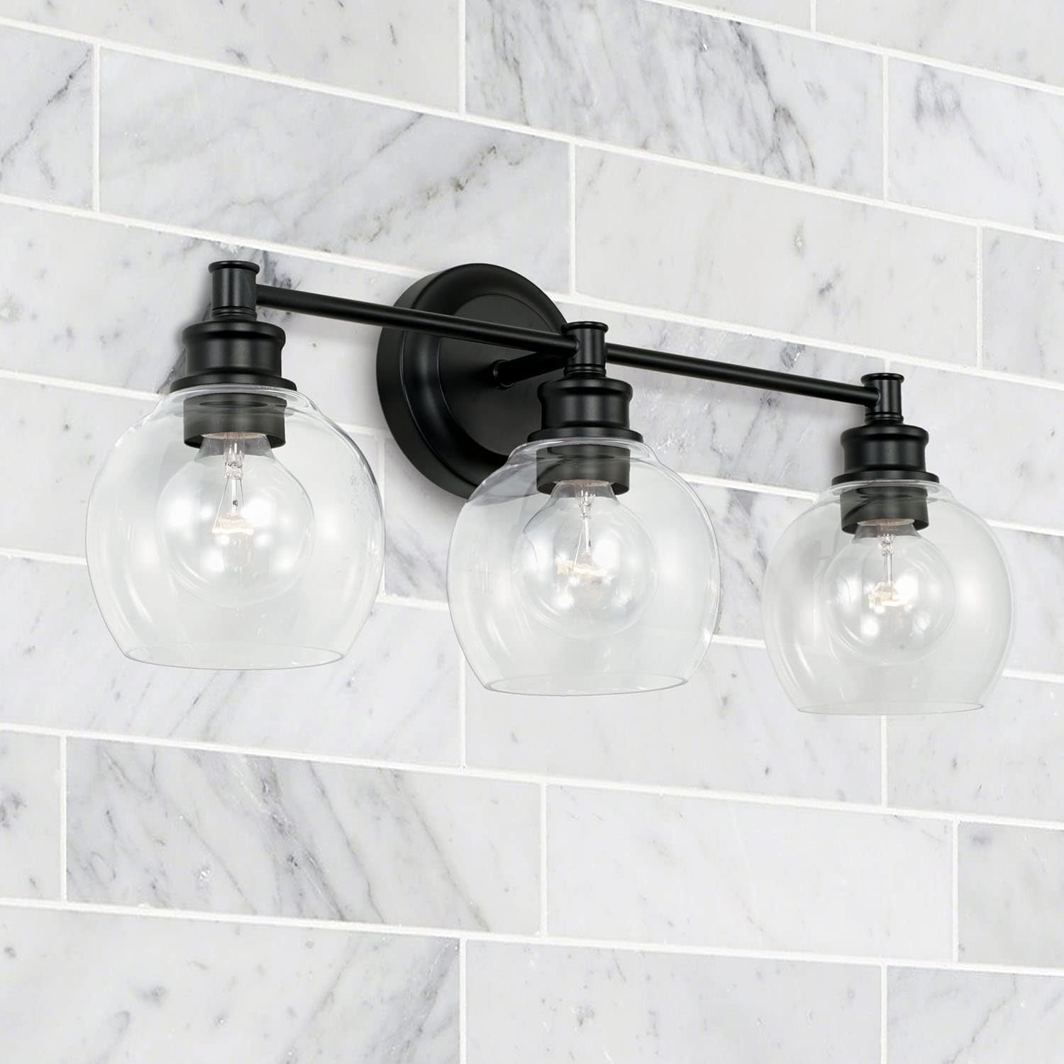 Capital Lighting 121131MB-426 Mid Century Modern Clear Glass Bath Vanity Wall Mount, 3-Light 300 Total Watts, 10" H x 24" W, Matte Black
