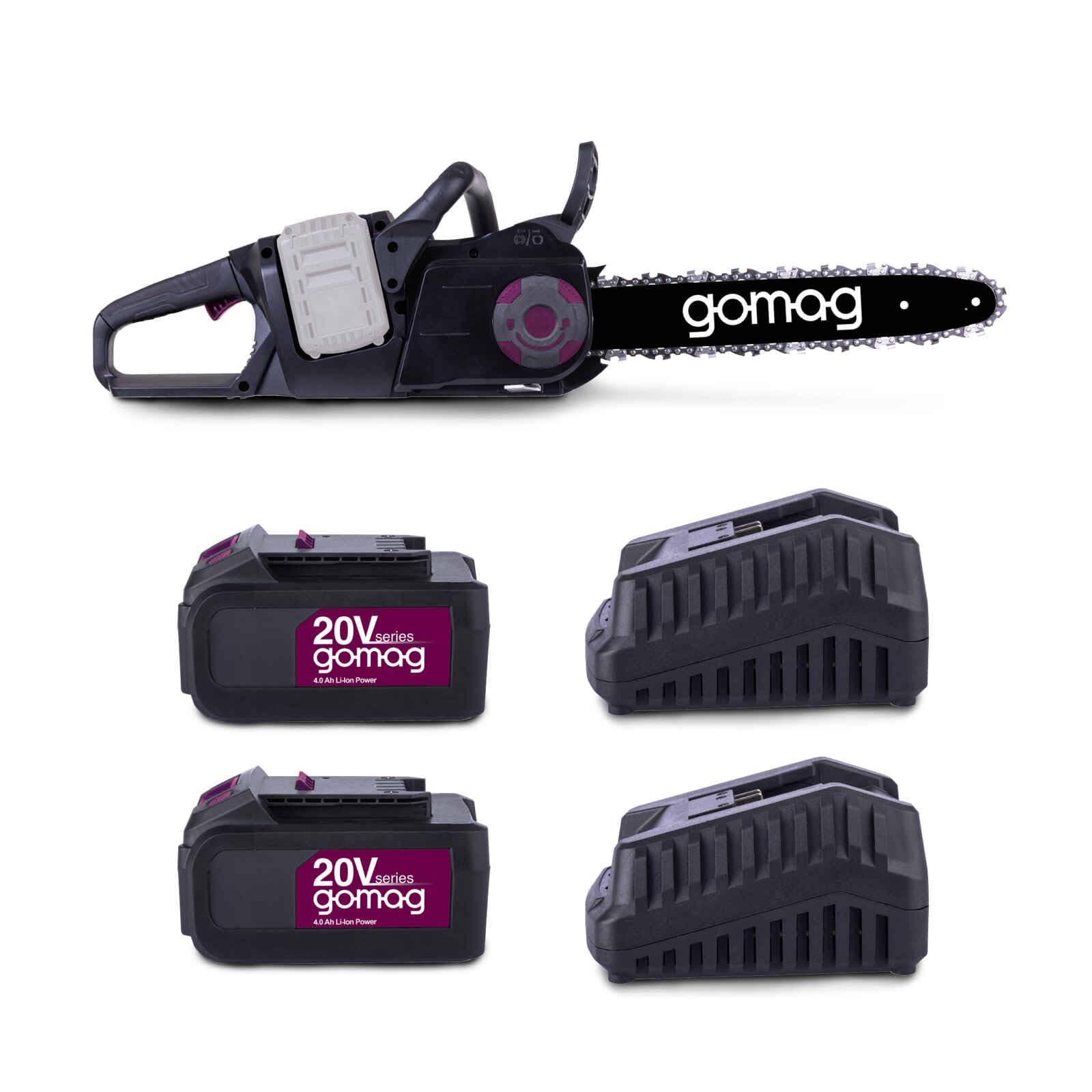 Gomag Akku-Kettensäge GO-KS355BLTwin Set L 20V brushless | 14‘‘ / 35cm ProCut-Schwert & -Kette | Schnittgeschwindigkeit 15 m/s | inkl. 2x 4Ah Akku + 2x 4,5A Ladegerät
