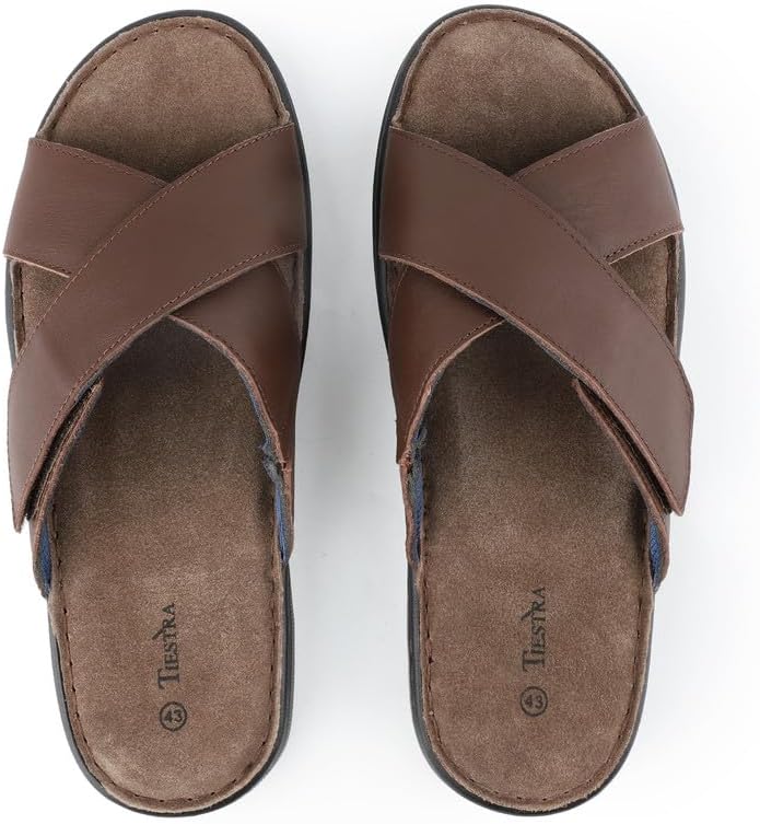 TIESTRA Herenslippers, leer, sandalen, klittenbandsluiting, open teen, zachte zomer, vrije tijd, antislip, rubberen zool, zee, strand, outdoor, bruin, maat 41-47, bruin, 42 EU TIESTRA Herenslippers, leer, sandalen, klittenbandsluiting, open teen, zachte zomer, vrije tijd, antislip, rubberen zool, zee, strand, outdoor, bruin, maat 41-47, bruin, 42 EU