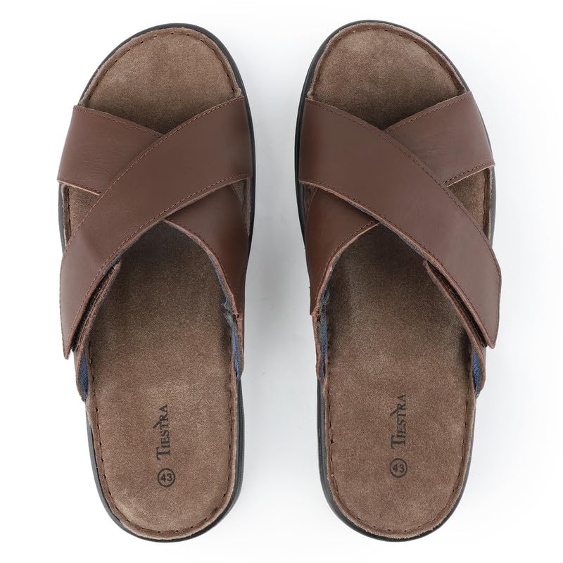 TIESTRA Hommes Cuir Sandales en Magic Collant Peep Toe Pantoufles été Doux Loisirs Antidérapant Semelle en Caoutchouc Plage Extérieur