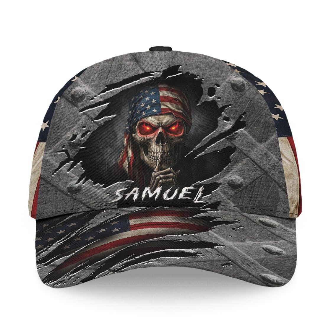 Skull Baseball Cap for Men, Grim Reaper Death Crack Old Metal with Flag, Men's Hat, Adjustable Motorcycle Soft Caps