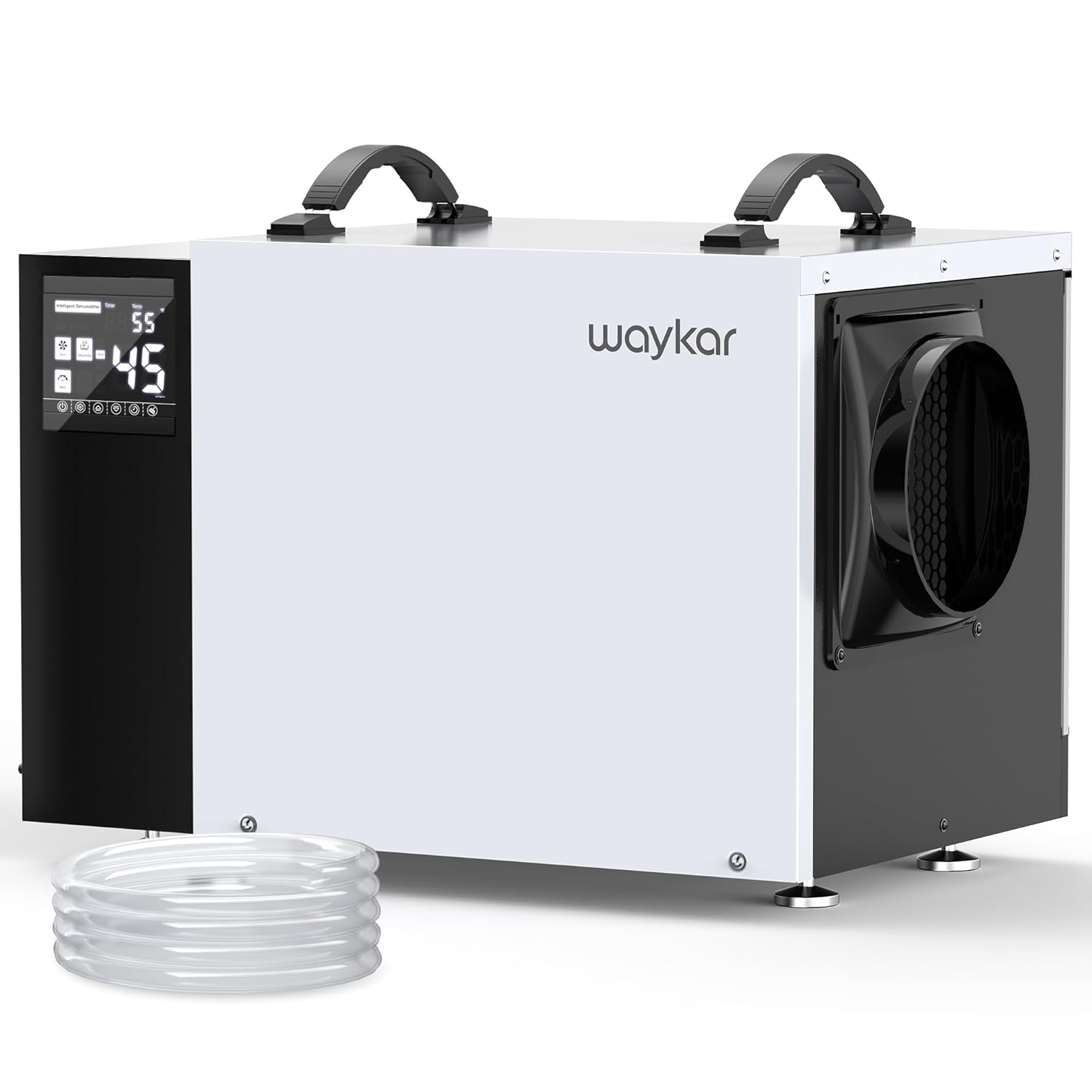 waykar 158 pint commercial dehumidifier with pump and drain hose for crawl spaces, basements, ducted industrial use, and water damage unit, for spaces up to 7500 square feet, smart humidity control 158 pints with pump 7500 sq. ft