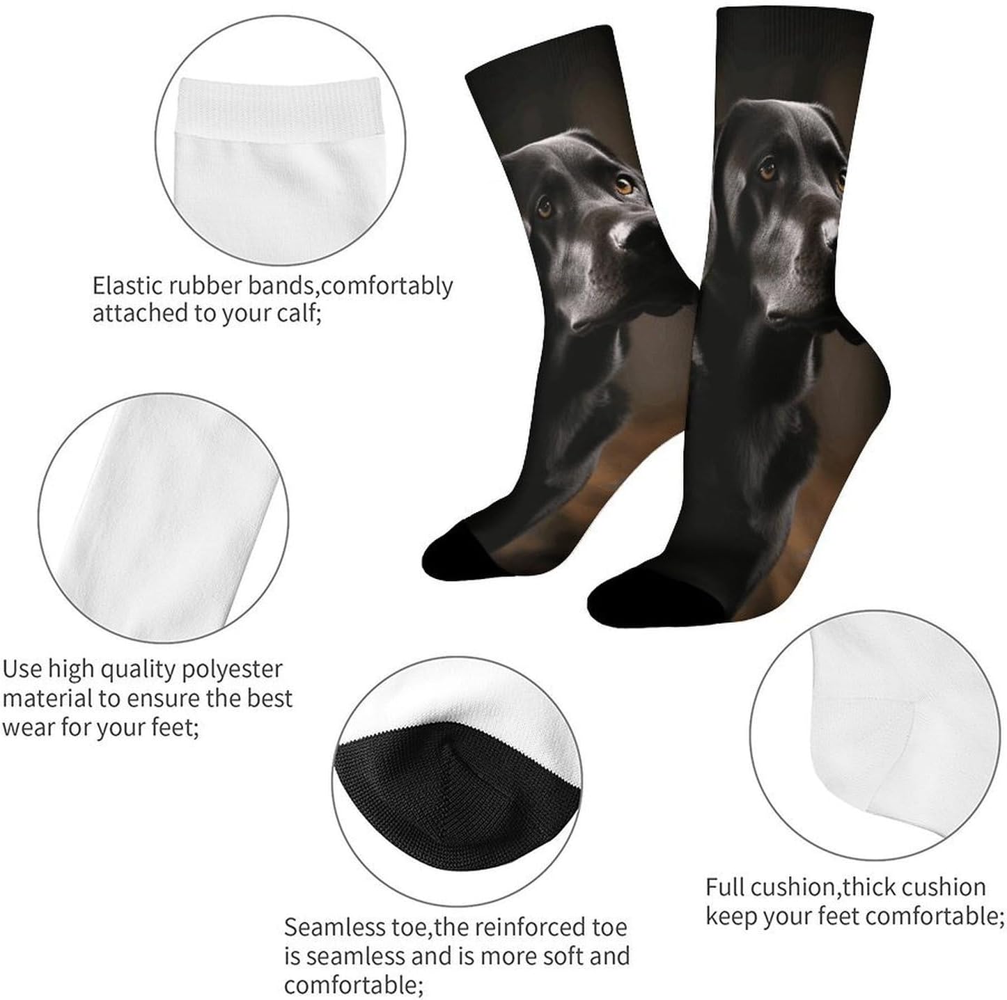 Moisture Wicking Socks, Breathable, Lightweight Crew Sock, Casual | Black Labrador Work Socks for Women Men, Elastic Soft Boot Socks for Travel, Seamless