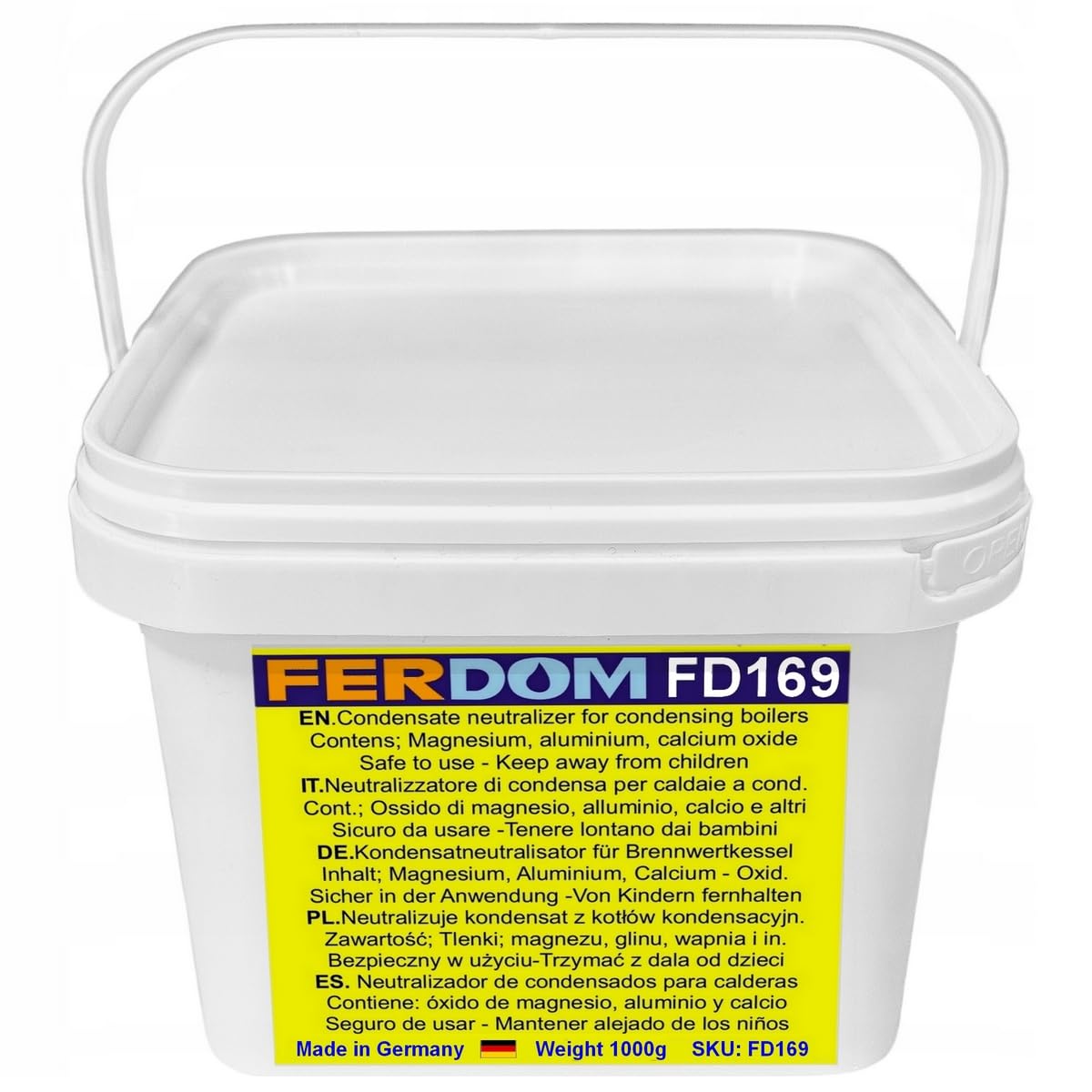 FERDOM FD169 1kg. Neutralizzatore Di Condensa Per Vari Tipi Di Caldaie A Condensazione. Protegge Il Sistema Delle Acque Reflue E L'ambiente Acquatico. Pellets 5-10mm. 8pH-10pH. Prodotto Sicuro (GHS).