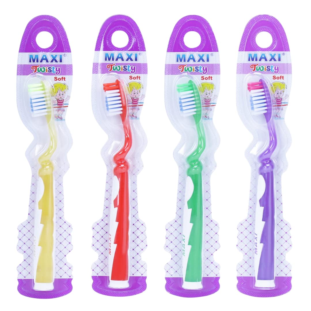 MAXI Twisty Junior Soft Toothbrush for Baby & Kids, BPA Free, Boys & Girls, Toddler Toothbrush for 2+ Years, designer handle, Multicolor (Pack of 4)-picture-39