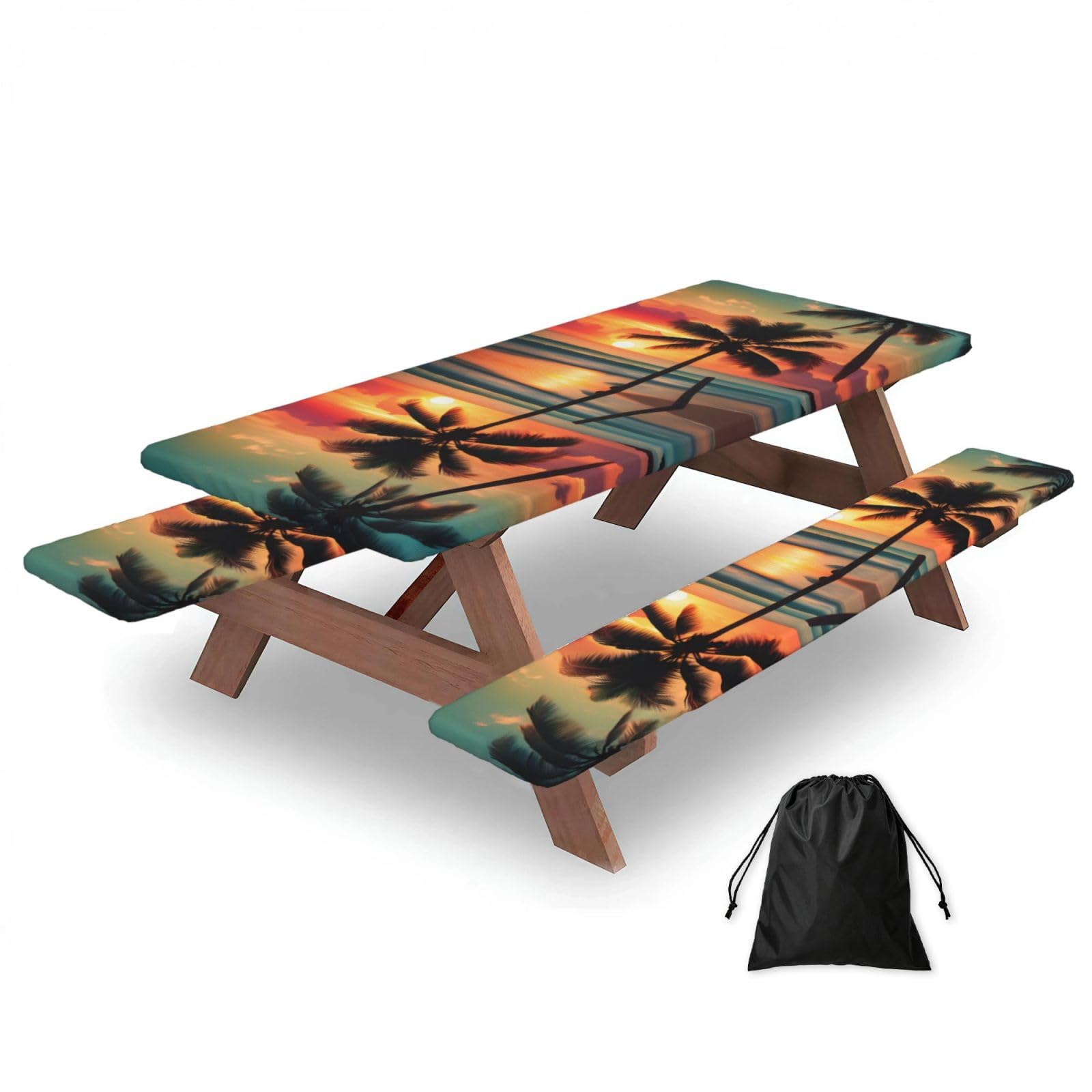 Tropical Beach Palm Tree Print 3 Pack Wipeable Picnic Bench Cover And Table Cover Lightweight Table Cloth For Camping Outdoor