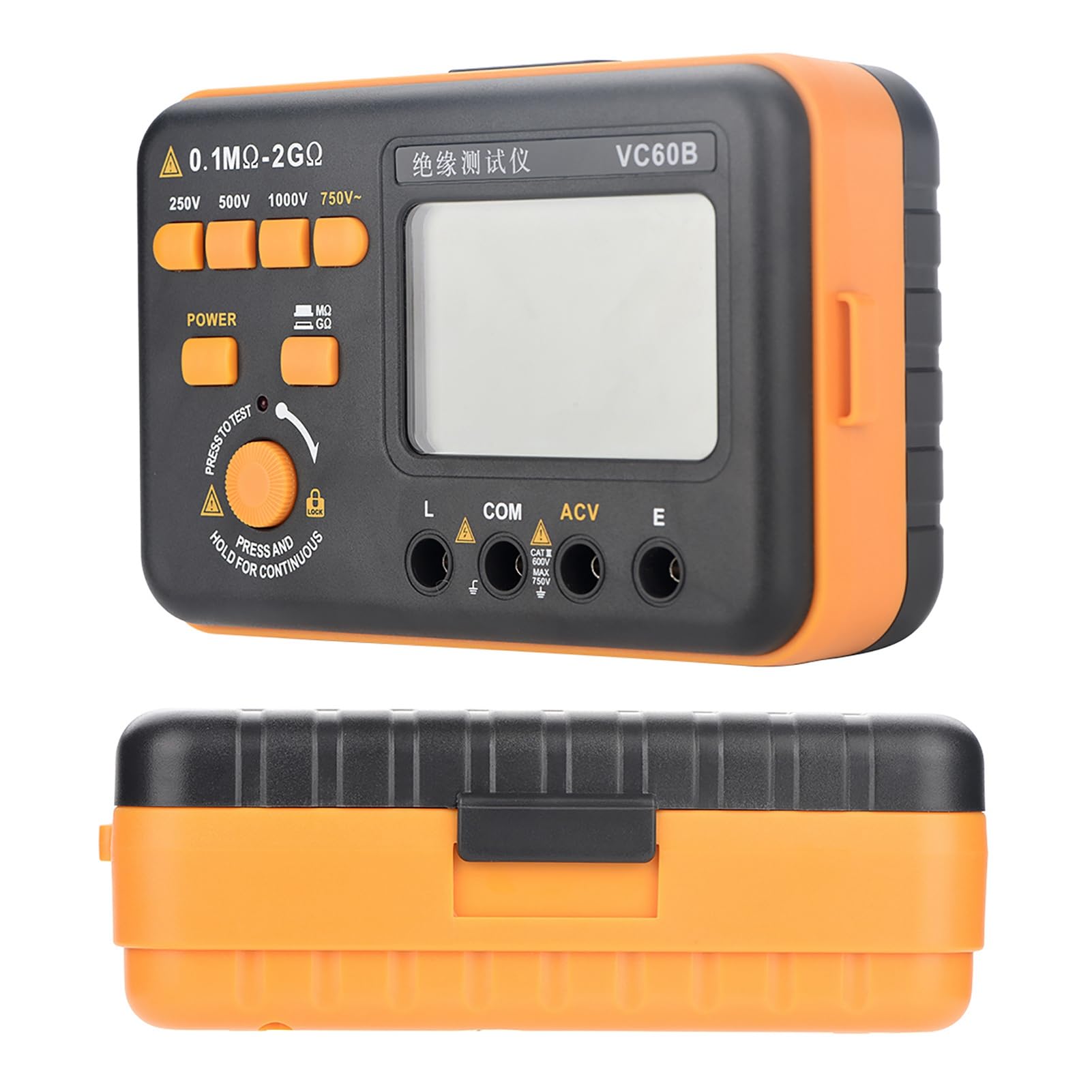 Isolationstester, VC60B Digitales Megaohm-Messgerät, LCD-Display 1999, 250 oder 500 oder 1000 V Prüfspannung, 200 MΩ/2 Ω Isolationswiderstandsbereich, Messdaten-Haltefunktion.