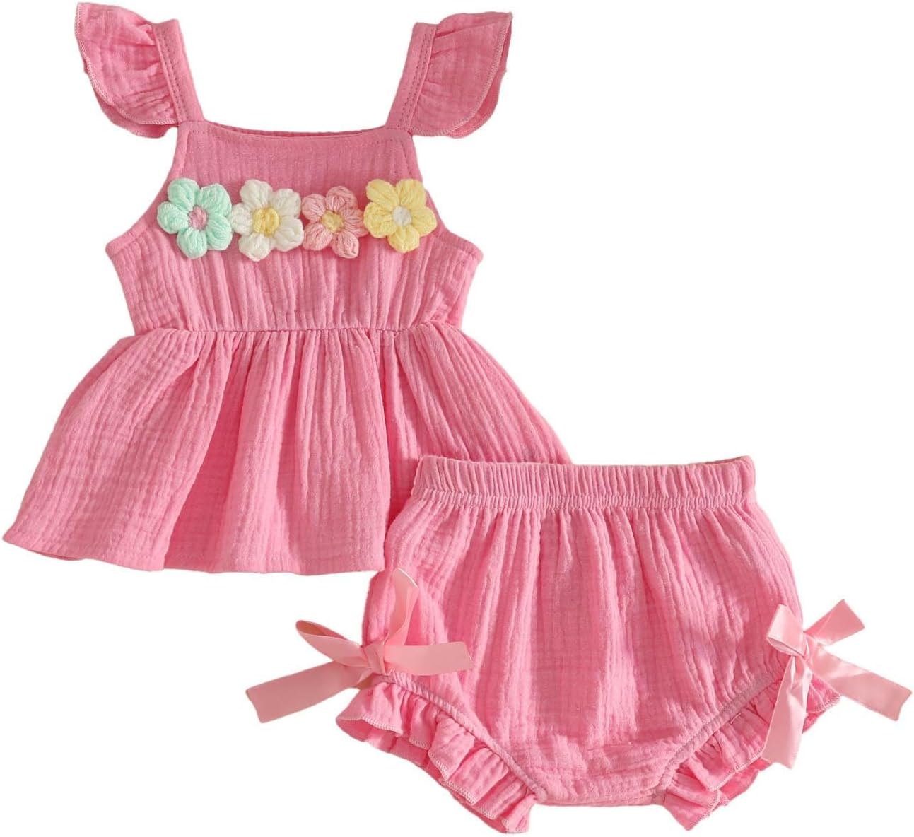 Toddler Cute 3D Floral Outfits for Summer Ruffle Trim Strappy Clothing Set High Elastic Textured Casual Outfit