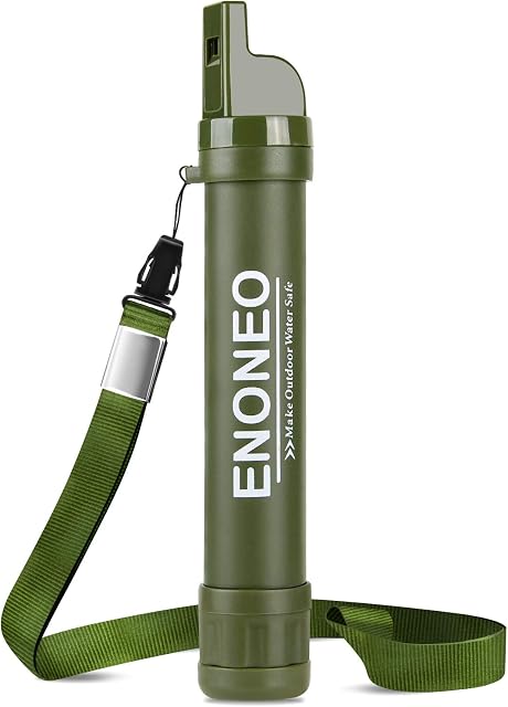 ENONEO Personal Water Filter Straw 1500L 4 in 1 Outdoor Survival Water Purification Straw Remove 99.99% Bacteria & Protozoa with Whistle,Compass,Mirror for Camping Hiking Travel Emergency Gear (Green)