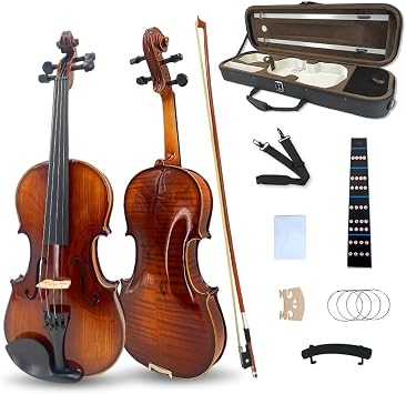 Beginner Acoustic Violin Kit, 1/2 Size, 4 Strings, Ebony Flame Maple Spruce Wood with Case, Bow, Shoulder Rest, Strings, Tuner 1/2