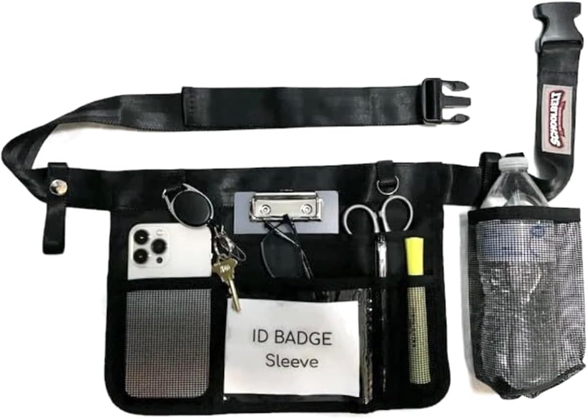 Premium Teacher Apron / 8 Varied Pockets/ID Sleeve/Drink Pouch/Retractable Key Carabiner/Teachers & Mobile Workers
