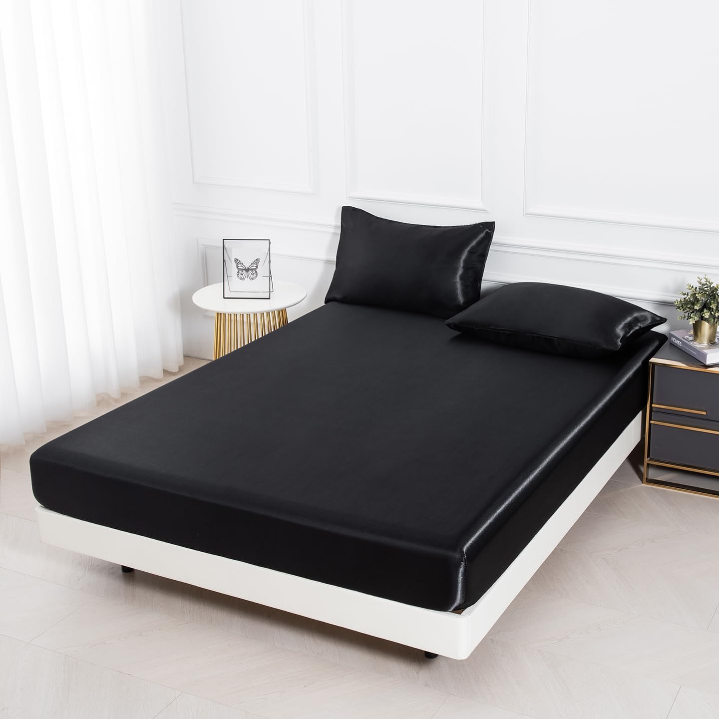 JUWENIN,3PCS Silky Satin Fitted Sets, Including (1 Fitted Sheet +1/2 Pillowcases) Solid Colorful (Black, Queen)