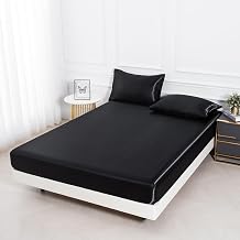 JUWENIN,3PCS Silky Satin Fitted Sets, Including 1 Fitted Sheet +1/2 Pillowcases Solid Colorful Black, Full