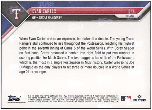 Miniatura 2 de EVAN CARTER RC 2023 Topps NOW ROOKIE #1073 World Series Champions Rangers NM+-MT+ MLB Baseball PR:2198