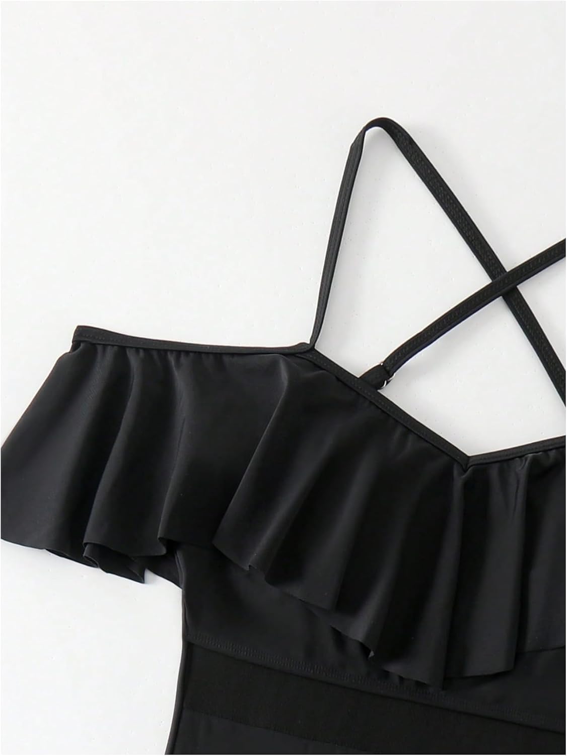 WDIRARA Women's Ruffle Cold Shoulder One Piece Sheer Striped Waist Swimsuit Criss Cross Swimwear