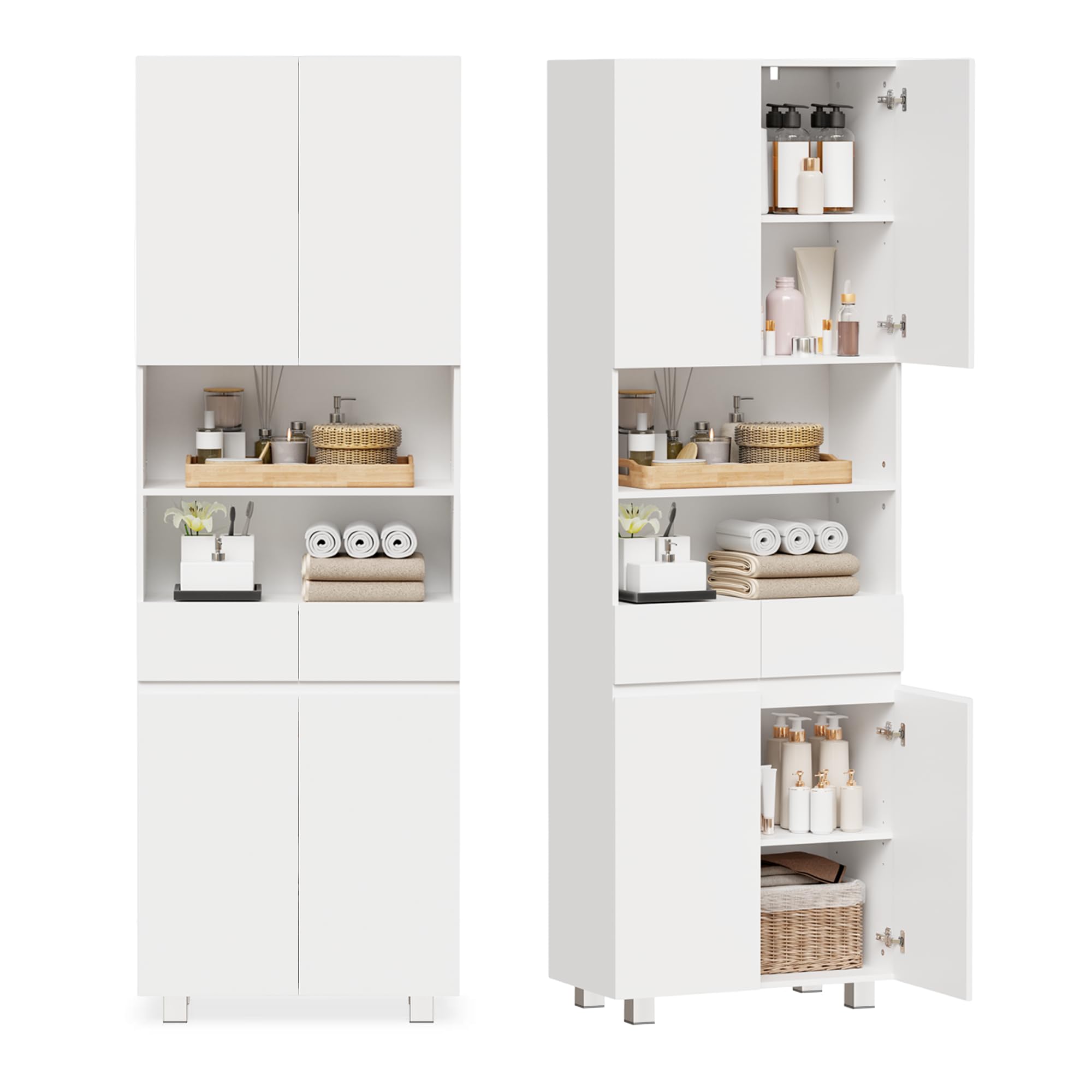 ANWBROAD Armoire de Salle de Bain,Meuble Colonne Salle de Bain,Meuble de Rangement,avec Étagères Réglables,2 Tiroir,Compartiments,pour Salon,Cuisine,30x60x180 cm,Blanc SBC012W