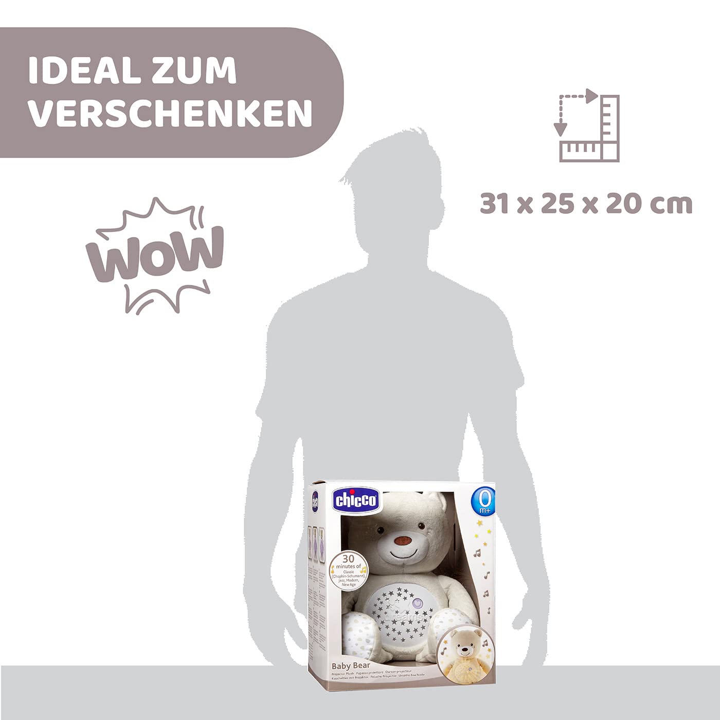 Chicco First Dreams Baby Bär Plüsch-Teddybär, weicher Projektor mit Nachtlicht, Lichteffekten und entspannenden Melodien, Beige - Kinderspielzeug 0+ Monate